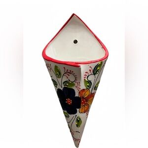 Artisan Hand Painted Wall Vase from Spain - Bright Blue and Orange Flowers